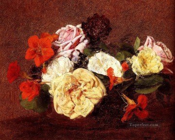  rosas Pintura Art%C3%ADstica - Ramo De Rosas Y Capuchinas Henri Fantin Latour Impresionismo Flores